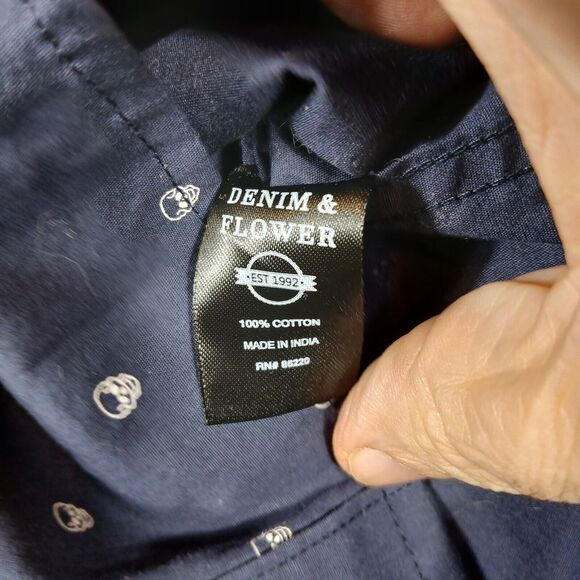 Denim‎ & Flower Ricky Singh Button Up Shirt Men's Large Blue Skull Pattern - Picture 8 of 10